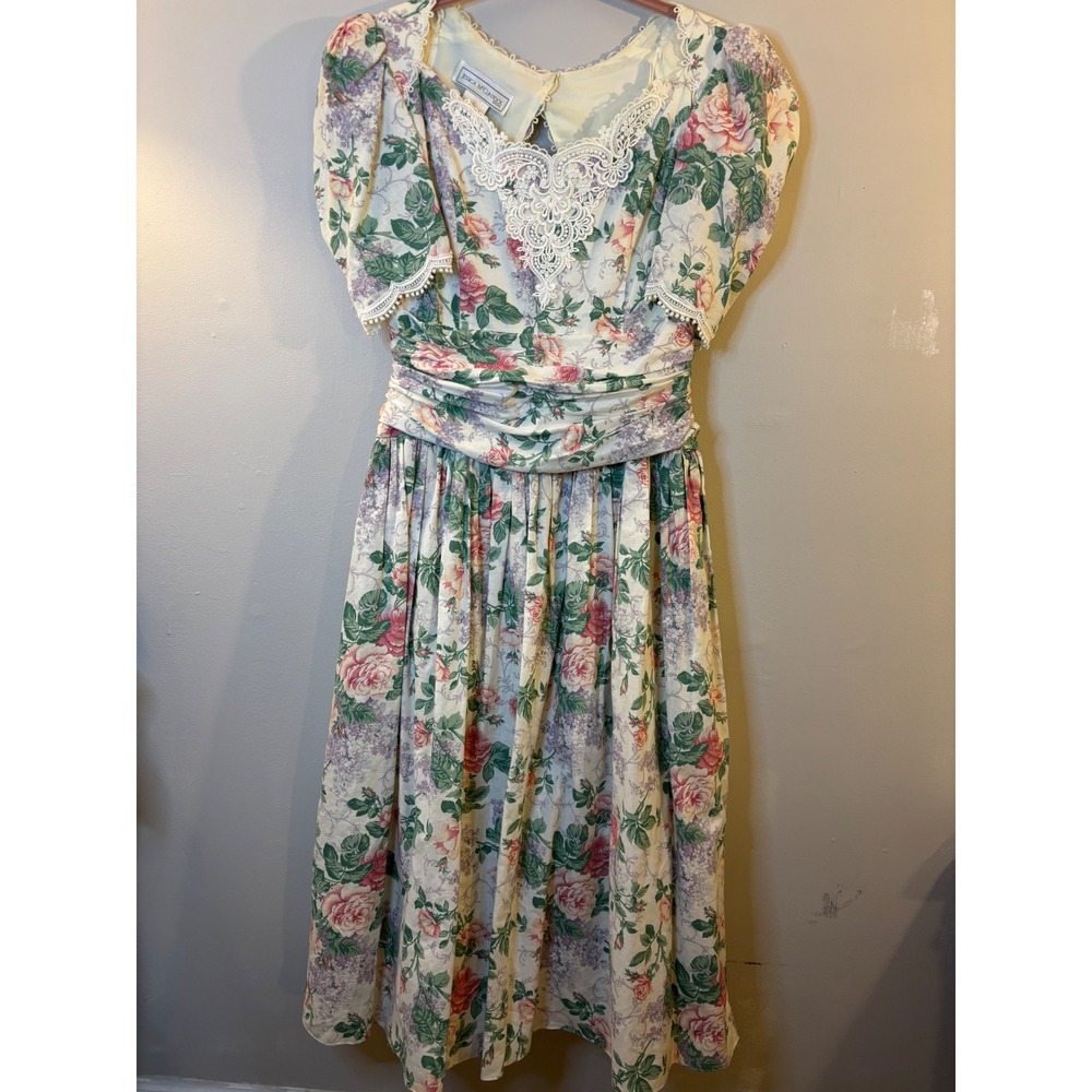 VTG Jessica McClintock Bridal Floral Puff Sleeve Midi Dress 12 Keyhole Back